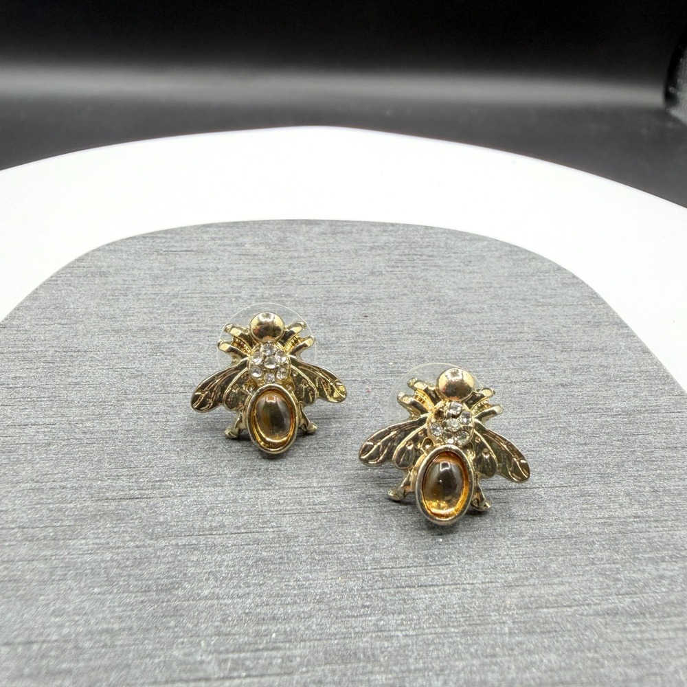 Amber & Gold Tone Bee Stud Earrings Rhinestone Insect Statement Jewelry Pierced